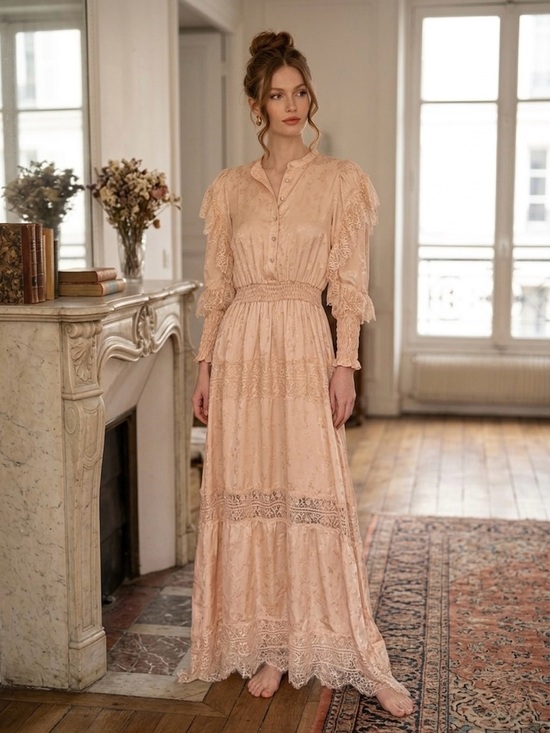 SoAllure Dresses & Skirts - SoAllure Satin Peach Lace Jacquard Dress | Size 6 Vintage Inspired
